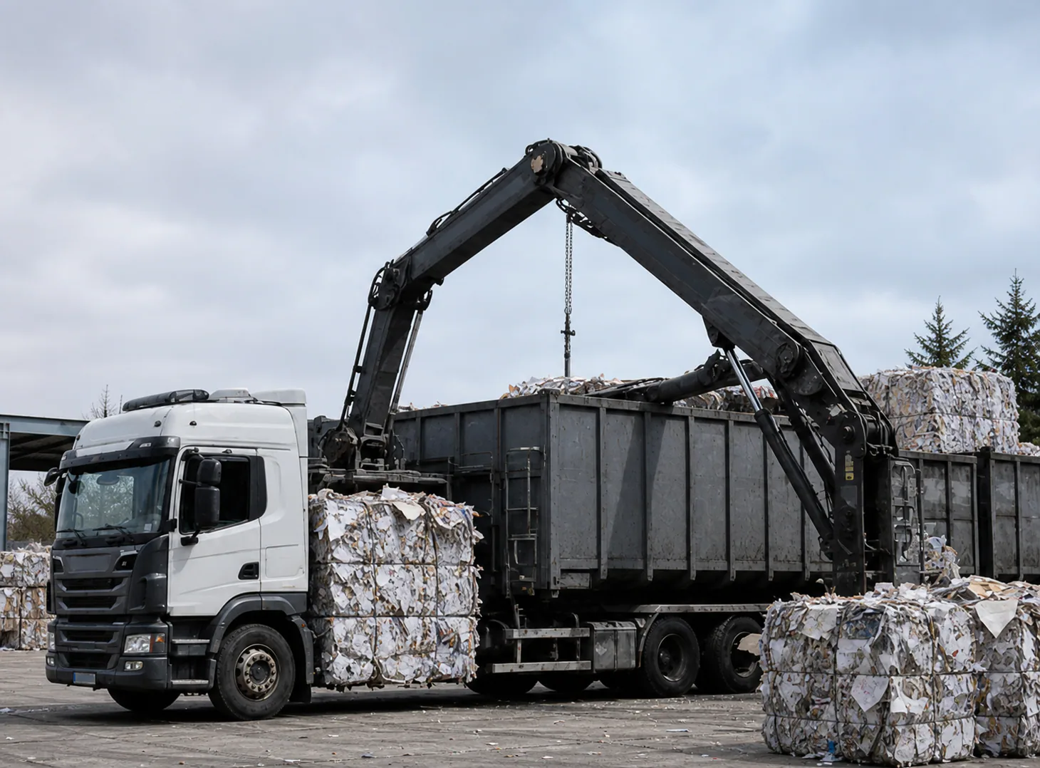 Recycling truck loading recovered paper in a yard
