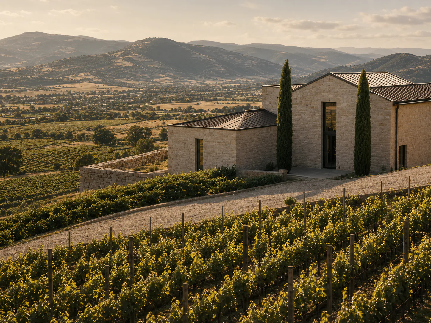 Stone winery overlooking vineyard hills