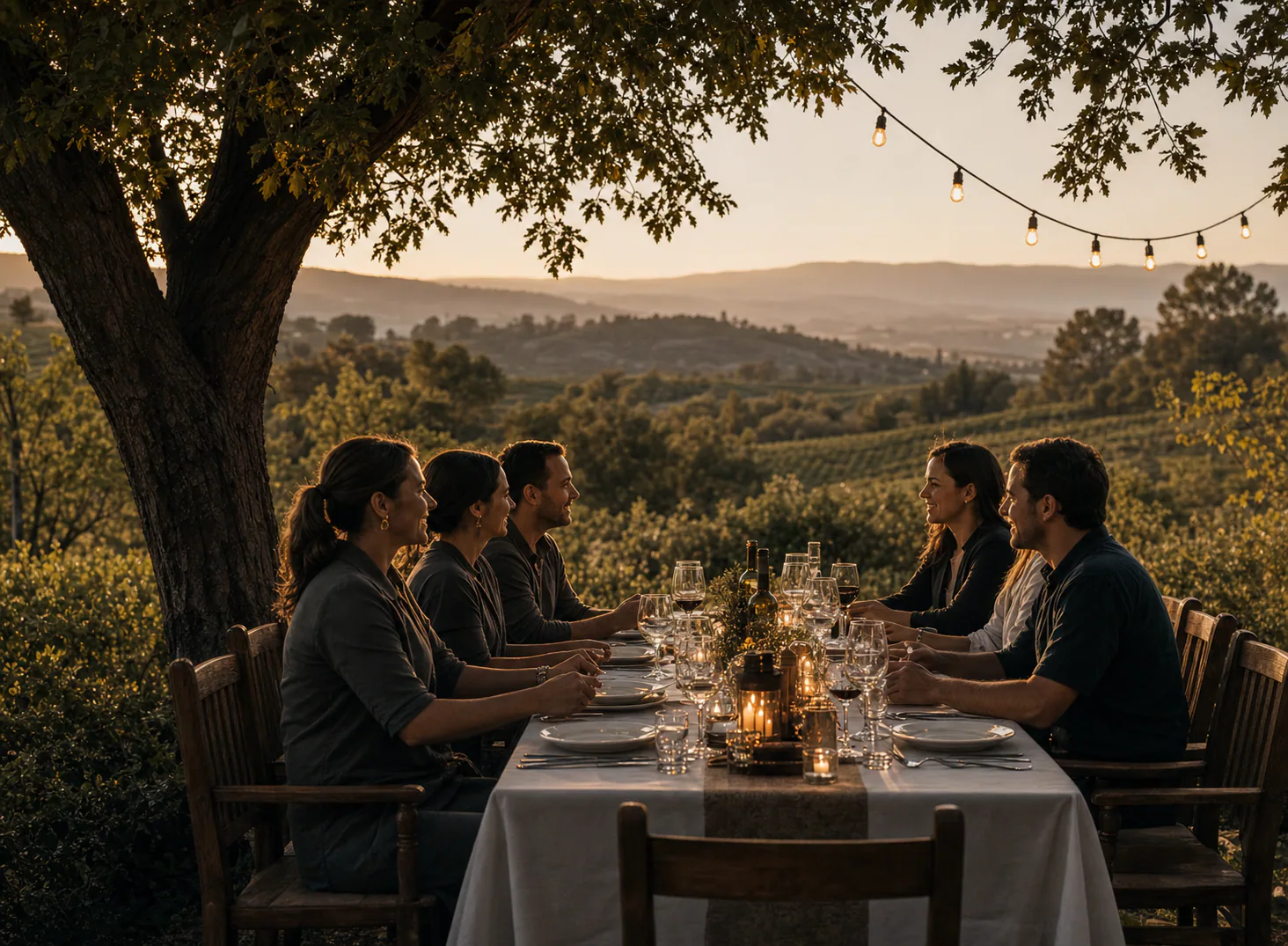 Guests sharing a meal at a vineyard table at golden hour