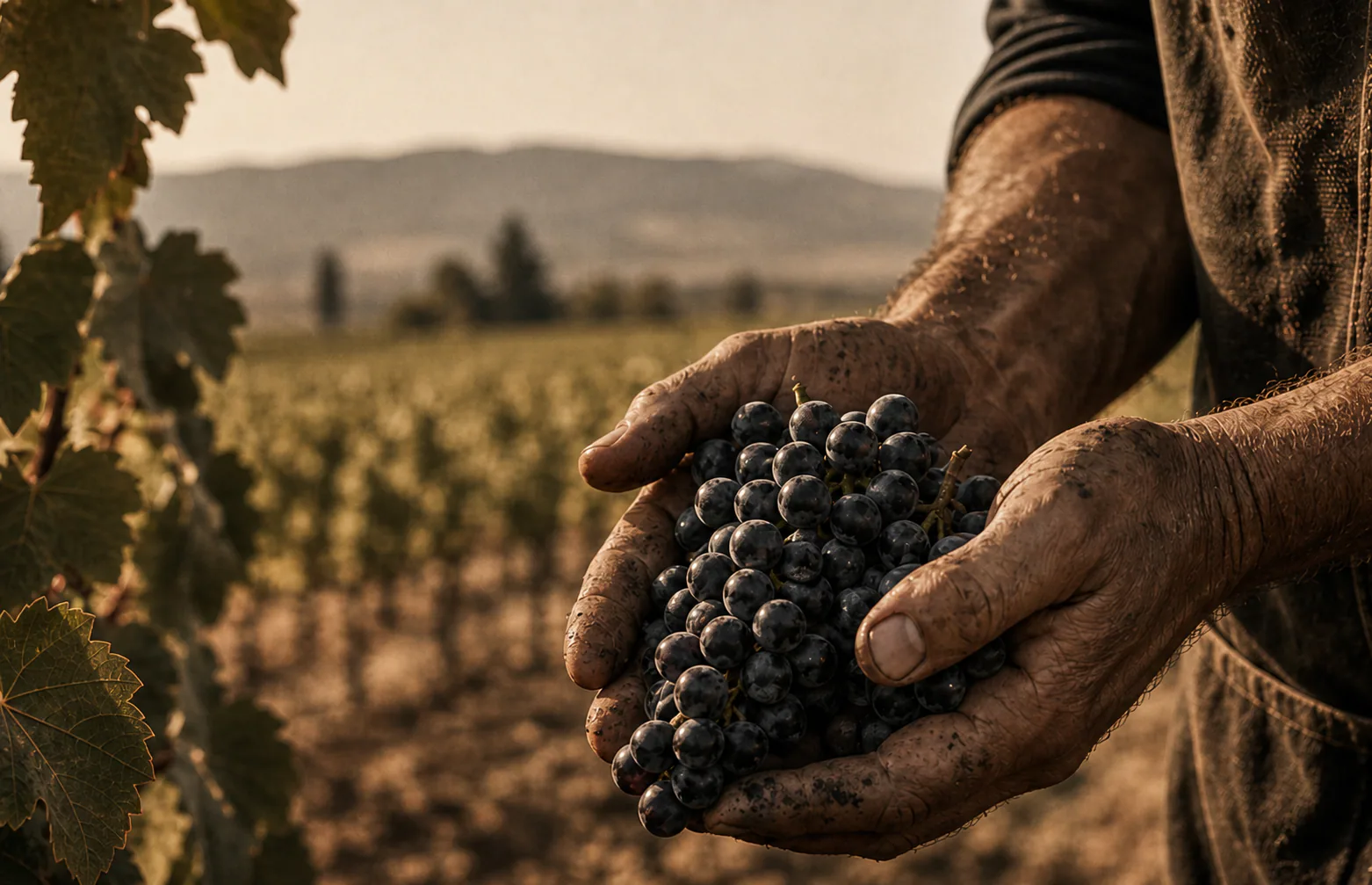 A grower's hands holding dark grapes between the vineyard rows